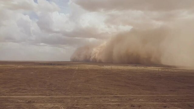 Aerial view of a sandstorm in the Jordan desert.