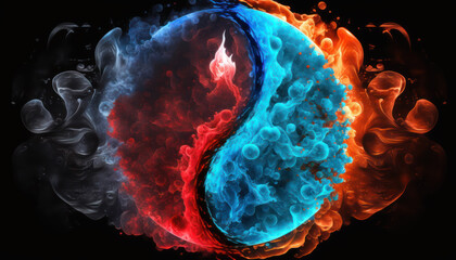  Yin-yang or Tai Chi symbol made of red and blue fire on black background created with generative AI technology