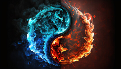  Yin-yang or Tai Chi symbol made of red and blue fire on black background created with generative AI technology