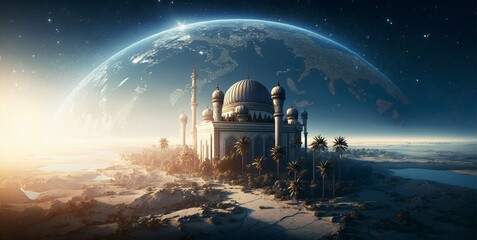 Image of a magnificent mosque set against a large planet. made with generative AI technology
