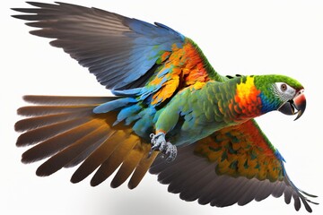 Fototapeta premium multicolored big parrot flying isolated on white background. generative ai.