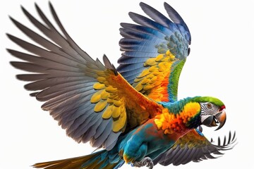 Obraz premium multicolored big parrot flying isolated on white background. generative ai.