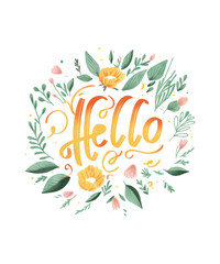 Flower wreath in watercolour style. Spring sales border. Poster design with lettering phrase Hello