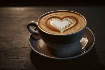 a cup of cappuccino coffee with a drawn heart on the foam. Generative AI.