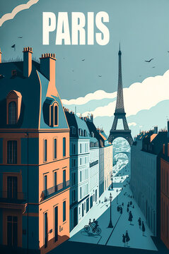 Discover this vintage poster of Paris and its typical building. Immerse yourself in the unique atmosphere of the city with the title Paris. Generative AI