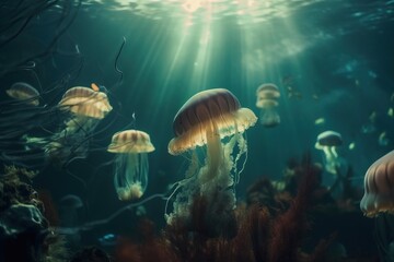 Fototapeta na wymiar a group of jellyfish swimming in a large aquarium filled with water and algaes under the sunlight rays of the water's surface. generative ai