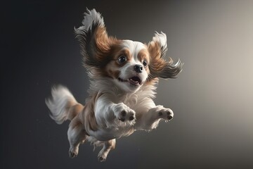 dog spaniel jumping in the studio. dog flight. Generative AI.