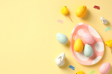 Happy Easter banner design. Easter eggs, bunny, decorations on yellow table.