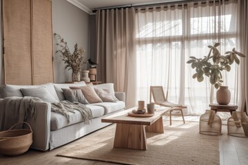 Close up of gray beige wooden living room. Rattan carpet, coffee tables, drapes, and fabric couch. Japandi farmhouse decor,. Generative AI