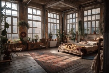 Boho living room with dry plant in pot, huge bed, and big windows. Loft style. Generative AI