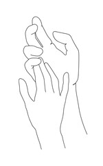 Two hands touch in one line art style. Holding man and woman hands together. Love and romance support concept. Vector illustration