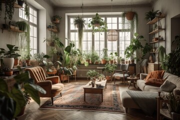 Fototapeta na wymiar Boho or loft style living room plants. Contemporary home with potted plants. Generative AI