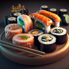 Realistic sushi on a plate on a wooden bench in a shop