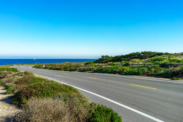 A empty rural road withe green landscape next to the Pacific Ocean