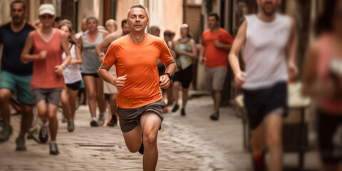 Purposefulness, motivation and achievement of goals. A man in an orange T-shirt runs a marathon through the streets of the city. Running competitions. generative AI. Motivate to play sports.