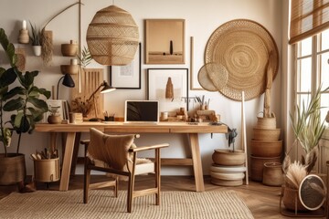 Bohemian home office with wooden desk, rattan armchair, brown mock up poster frame, macrame, office supplies, lamp, décor, and stylish personal accessories. Generative AI