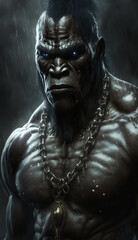 Brutal portrait of a muscular dark man, a warrior with a formidable look in the rain. Created using generative AI.