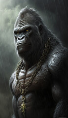 Brutal portrait of a muscular man gorilla, monkey, kin kong with a formidable look in the rain. Created using generative AI.