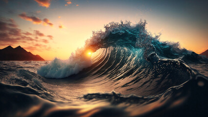 blue sea wave at sunset, Generative AI