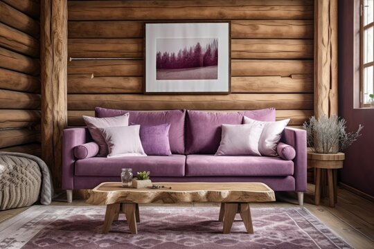 Front image of purple and beige log cabin living room. Frame mockup, fabric sofa with cushions. Farmhouse decor,. Generative AI