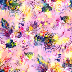 Fototapeta na wymiar Seamless watercolor pattern with pink rose flowers and tropical palms and branches drawn for textile for textile