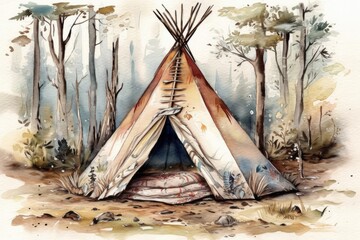 Hand drawn watercolor indigenous teepee, solitary white campground tent. Bohemian American wigwam. Indian bohemian decorating tee pee with arrows and feathers. Generative AI