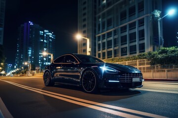 Fototapeta na wymiar an electric sports car driving through a city at night. generative ai