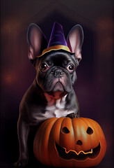 a black French bulldog, sitting in a witch hat for Halloween and with a pumpkin