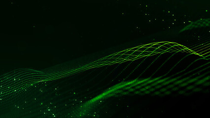 abstract sci-fi background with glow particles form curved lines, surfaces, hologram structures or virtual digital space. Green motion design background of microworld or cosmic space. Strings