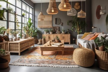 Ethnic living room design with colorful baskets, rattan sideboard, and charming personal decorations. Grey concrete. Cozy flat. Furnishings. Generative AI