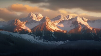 Fototapeta na wymiar A majestic mountain range covered in snow, with jagged peaks and deep valleys, illuminated by the soft light of the sunrise AI Generative