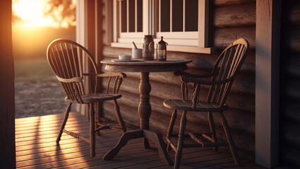 porch with two wooden chairs and a round wooden table, Generative AI