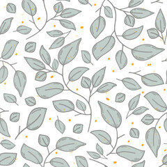 Light and neutral mint green leaves and yellow dots pattern on white background