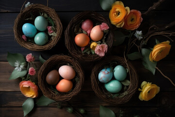 Happy easter! Colourful of Easter eggs in the nest with flower on dark wooden background. Greetings and presents for Easter Day celebrate time. Flat lay ,top view