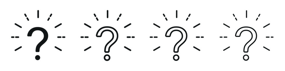 Set of question marks with rays icons. Question mark symbols, help. FAQ support signs. Rays and question mark.