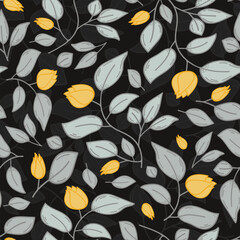 Fototapeta na wymiar Vibrant and bold yellow tulips and mint green leaves pattern on a black background