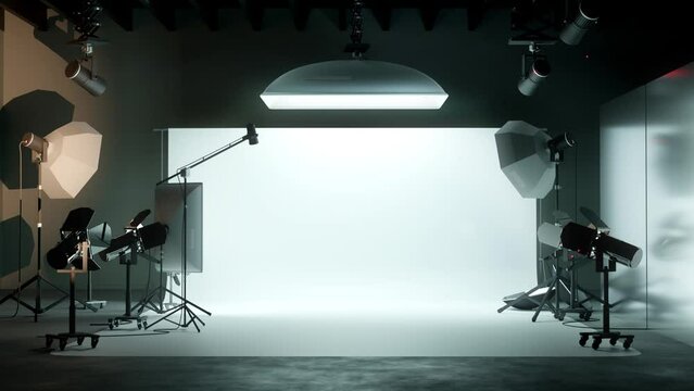 A large and professional photography studio room with lighting equipment. 