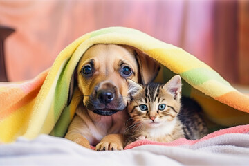 generative ai illustration of a puppy and a kitten under a colorful blanket