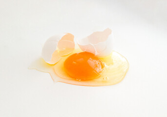 Broken egg on a big white background with a shell