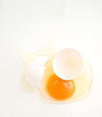 Broken egg on a white background with a shell on top 