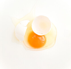 Broken egg on a white background with a shell on top in the square
