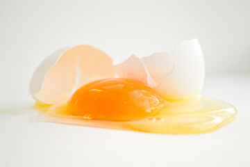 Broken egg on a white background with a shell