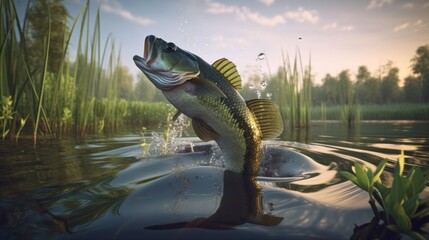 Largemouth bass jumping out of water in a swamp created with Generative AI Technology, ai, generative - obrazy, fototapety, plakaty