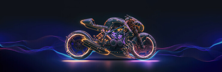 Futuristic Generic motorcycle concept design with colorful neon ambiance on black background as a wide banner with copyspace area - Generative AI