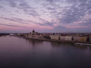 Evening view of Parliament. Colorful sanset in Budapest, Hungary, Europe.