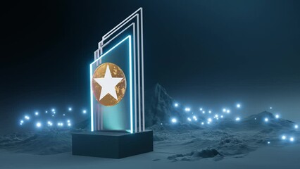 An award announcement ceremony and crystal award trophy. 