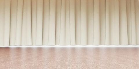 Wooden floors and walls Curtains and large windows wide open room There is a large glass window 3D illustration