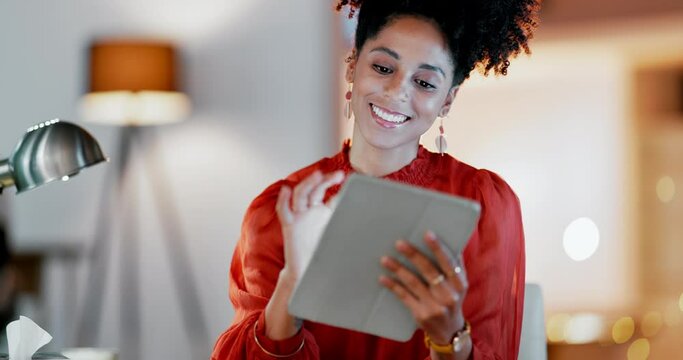 Happy black woman, night business and tablet planning in office, online media app and smile. Worker, overtime and digital technology for research, productivity and information of startup connection