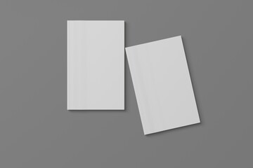 2 softcover book mockups are standing on a gray background, designed with 3D render visual effects that are indistinguishable from reality. A mockup, with flashy white covers resembling a real book.