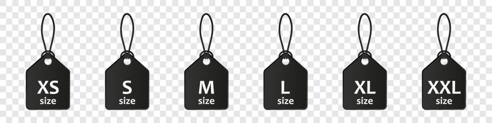 Clothing size labels. The range of clothing size. XS, S, M, L, XL sizes. Vector set